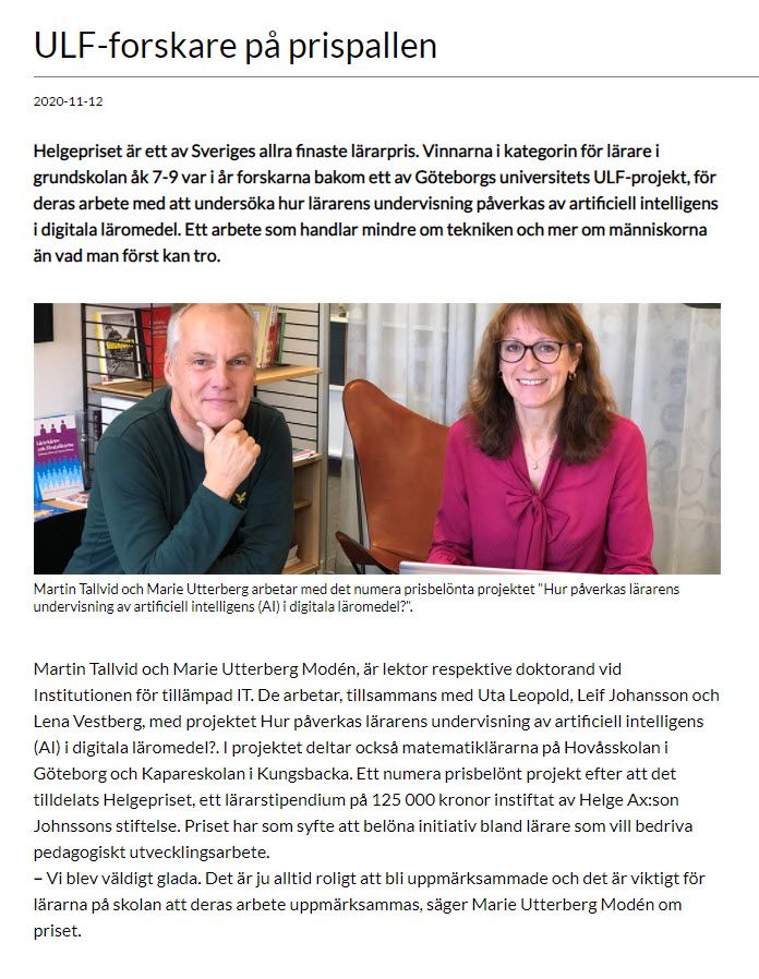 kentlundgren's tweet photo. Om #Helgepriset (ett lärarpris): Vinnarna i kategorin för lärare i grundskolan åk 7-9 var i år forskarna bakom ett av Göteborgs universitets #ULFprojekt, hur lärarens undervisning påverkas av artificiell intelligens i digitala läromedel. https://t.co/Mm5g7RicUj #synpålärande https://t.co/a2E0hGVgh5