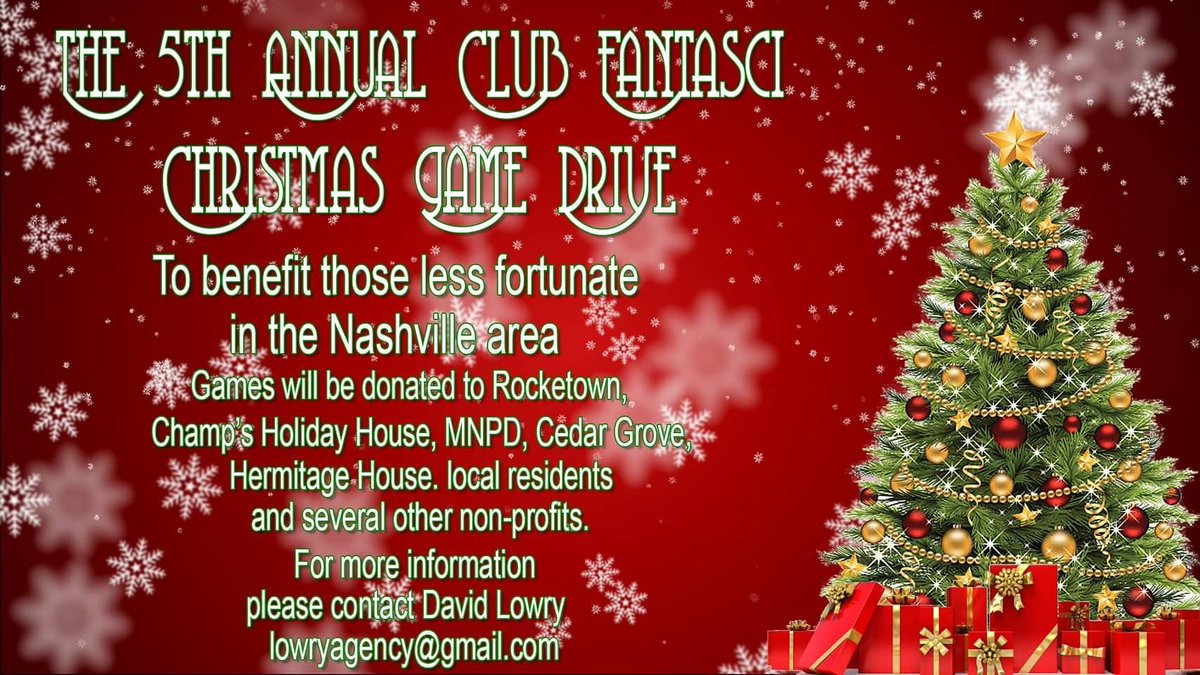 The 5th Annual Club Fantasci Christmas Game Drive! During 2020, there are lot's of families without work & presents 4 their kids. Plz consider donating board games! PLZ RT
#boardgames #tabletopgames #clubfantascichristmasgamedrive #merrychristmas #nashville #rpg