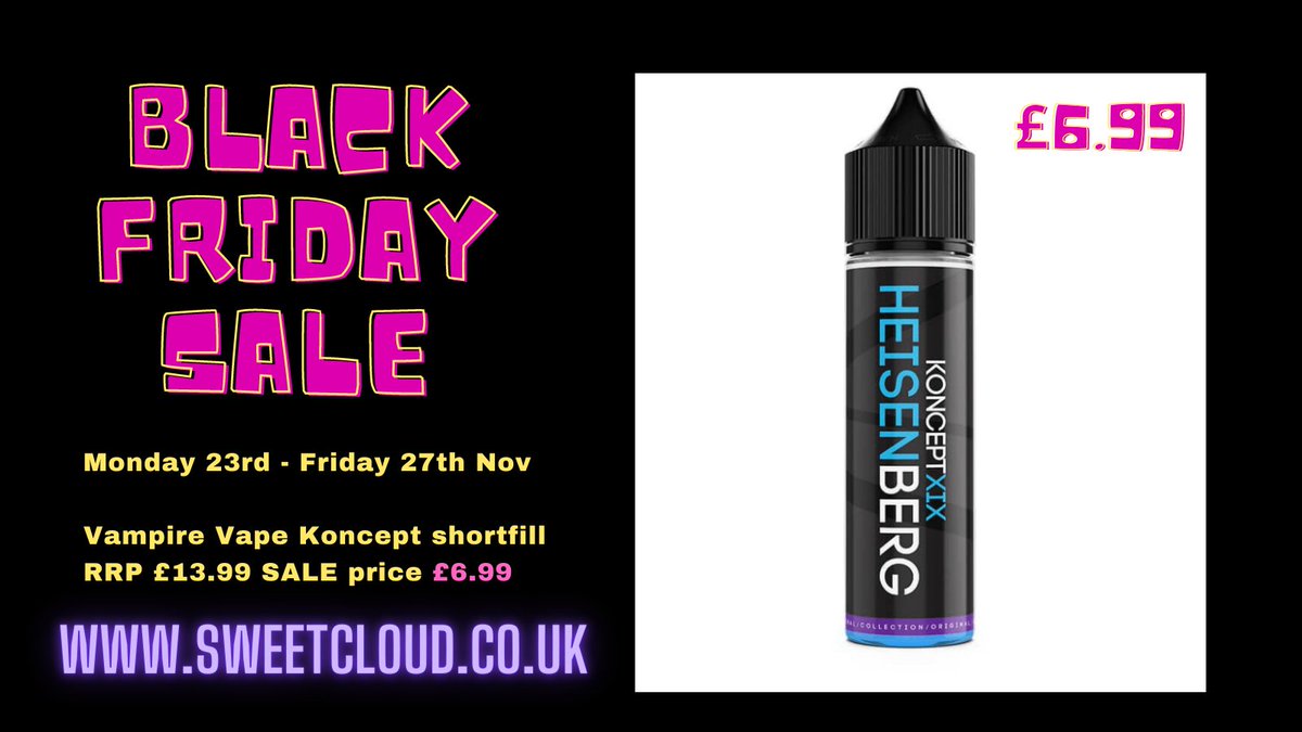 Our Black Friday week has kicked off with 50% off Vampire Vapes Koncept XIX shortfills now only £6.99. Check out our offers online at sweetcloud.co.uk #BlackFriday2020 #BlackFridayDeals <a href="/VampireVape/">VAMPIRE VAPE ELIQUID</a>