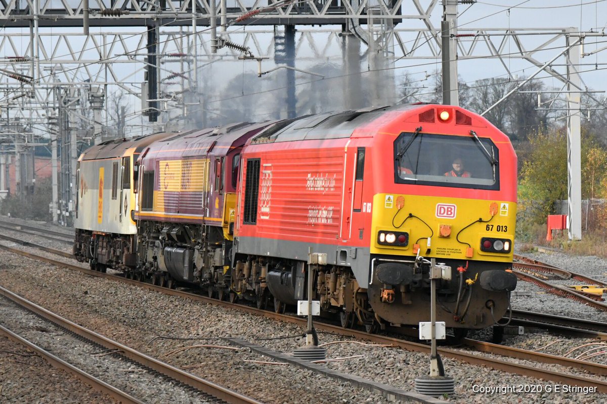 oxley1972's tweet image. A very tight crop needed to showcase ⁦@DBCargoUK⁩ 67013 hauling France allocated 66247 &amp;amp; 92011 through Lichfield Trent Valley as 0A06 13:35 Crewe ETMD  &amp;gt; Wembley DB Cargo Fan A &amp;amp; B sidings.

#Class67 #Class66 #Class92

23/11/20