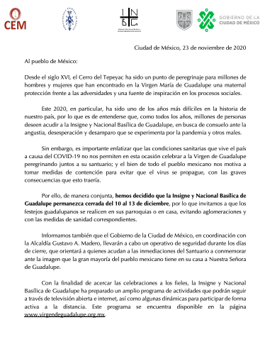 CiroGomezL's tweet photo. #ÚLTIMAHORA El gobierno de la Ciudad de México y la Conferencia del Episcopado Mexicanos @IglesiaMexico informan que la Basílica de Guadalupe permanecerá cerrada del 11 al 13 de diciembre. https://t.co/JTDyomJuNI