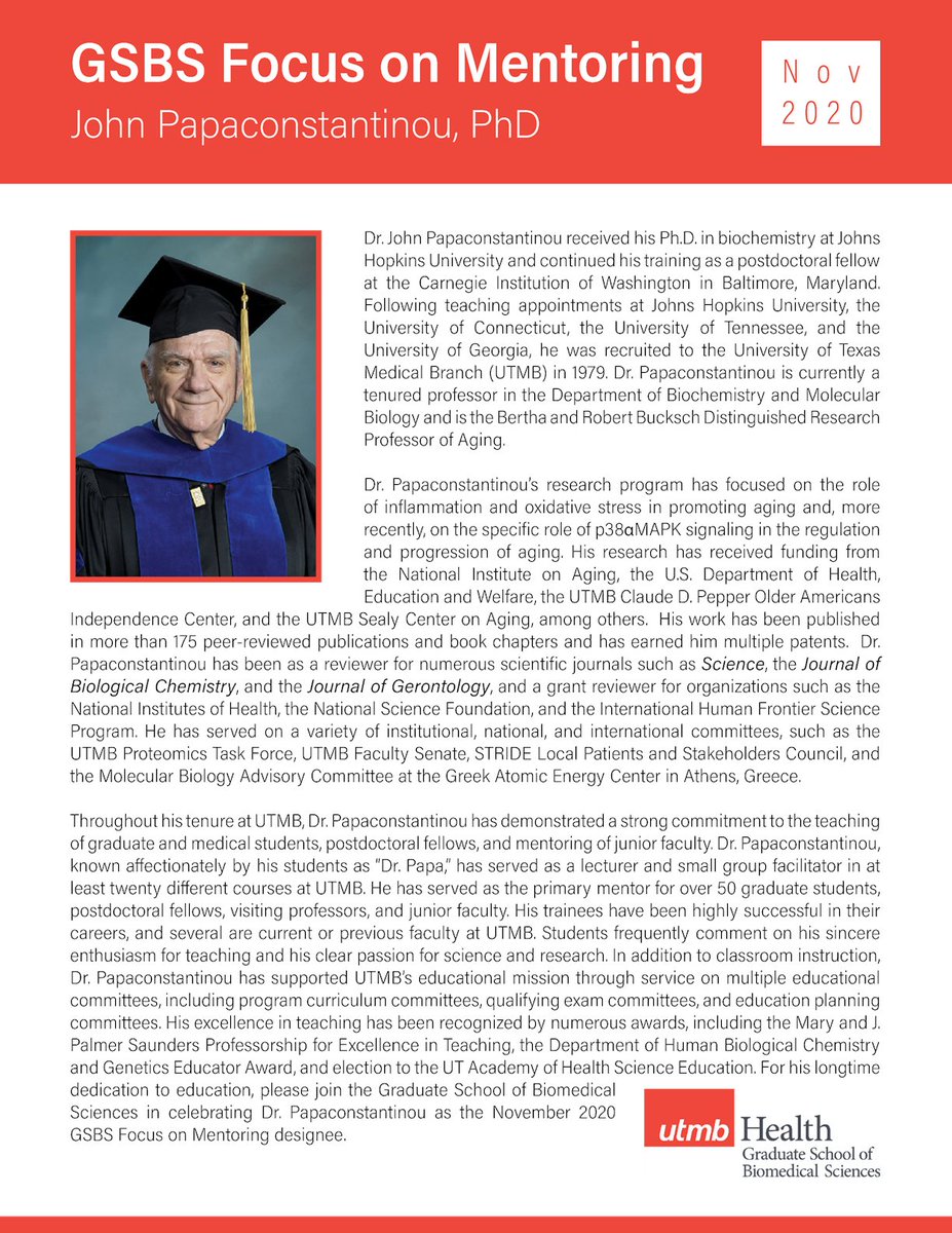 UTMBGSBS's tweet photo. Each month, the GSBS will highlight an exceptional mentor within the Graduate School. For the month of November, the GSBS recognizes Dr. John Papaconstantinou as the Focus on Mentoring designee. Cheers! #UTMBGSBS https://t.co/K0V0Gs5yM7