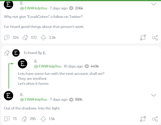 7. E talks about linking to  @EzraACohen- he has heard good things about that persons work... and having some fun with that account, lets drive it home. So best follow...  #EzraCohen  #EzraCohenWatnick