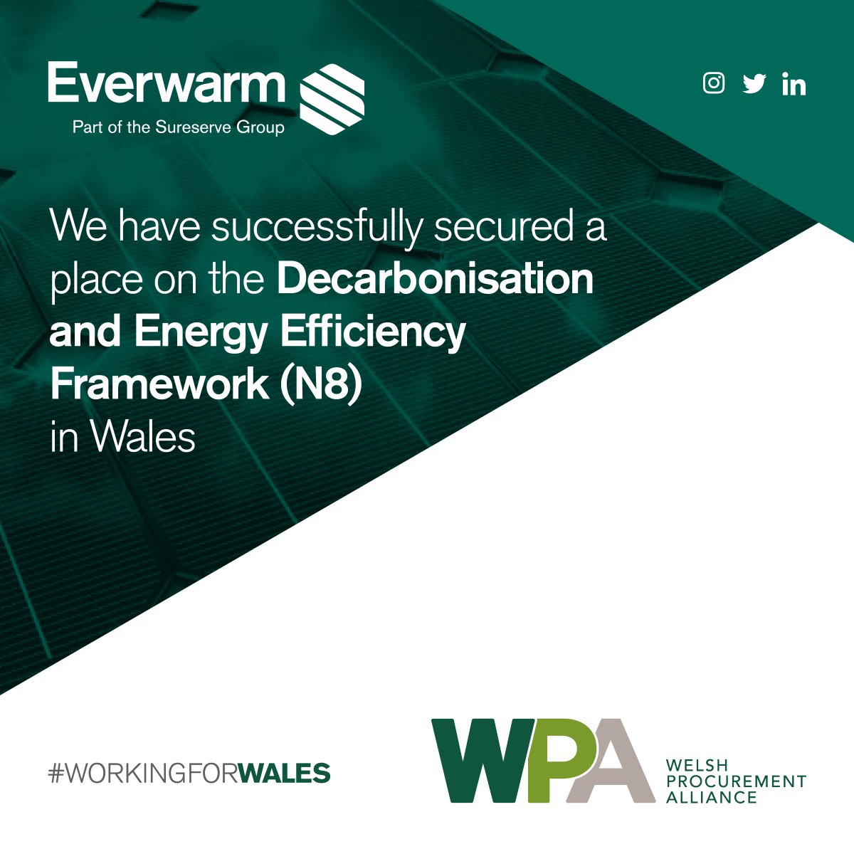 SureserveESUK's tweet photo. Everwarm are proud to announce our place on the @WelshProcure Decarbonisation and Energy Efficiency (N8) framework.
#decarbonisation #energyefficiency #WPA #framework #sustainability #workingforwales https://t.co/lDcrE8oiyp