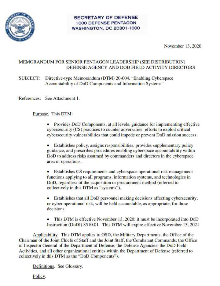 11. Tweets a DOD document on cyberspace accountability...