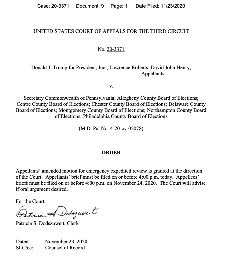 - What's next? The 3rd Circuit granted the campaign's request for expedited review. The campaign's brief is due today by 4pm, and the briefs from PA/the PA counties named as defendants are due by 4pm tomorrow. No argument scheduled so far.