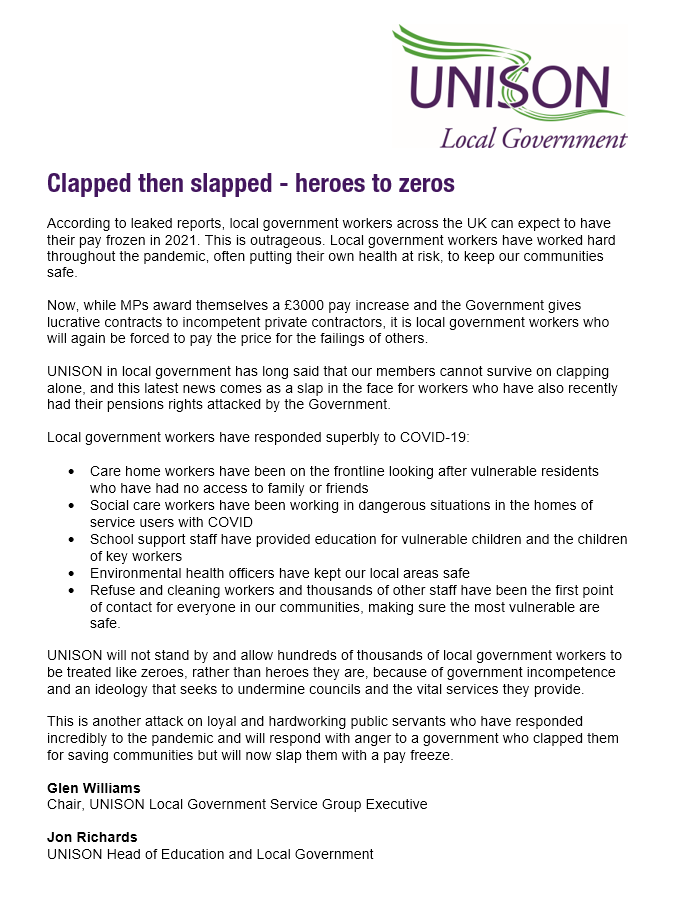 UNISONinLG's tweet photo. From #carehome workers to #cleaners, local government staff have kept vulnerable people safe in this pandemic. Now they face a #PayFreeze, while MPs give themselves a £3000 pay increase.

UNISON will not allow #LocalGov workers to be treated like zeroes, rather than heroes: https://t.co/yVYY3J8y8I