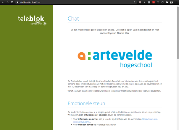 petervanmullem's tweet photo. 16 derdejaars studenten van @ArteveldeSOW @ArteveldehsGent nemen voor 3 weken de chattool van #teleblok over. Van maandag tot donderdag tussen 18u en 23u en bieden ze een luisterend oor aan alle Arteveldehogeschool studenten
De chat is bemand van 23 november t.e.m. 10 december https://t.co/GSNSUJujeF