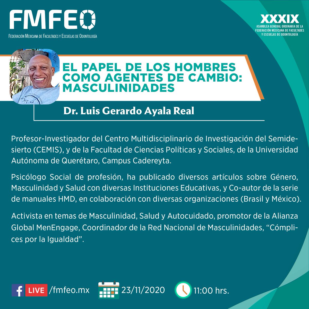 ENESUNAMLEON's tweet photo. #ComunidadENESLeón🦁 los invitamos a seguir la charla "El papel de los hombres como agentes de cambio: Masculinidades, Imparte: Dr. Luis Gerardo Ayala Real" @fmfeo.mx invita!!!
🔴 Facebook Live
⏰ 11:00 hrs.
#NoTeLoPierdas #FMFEO https://t.co/u2poxCah3b