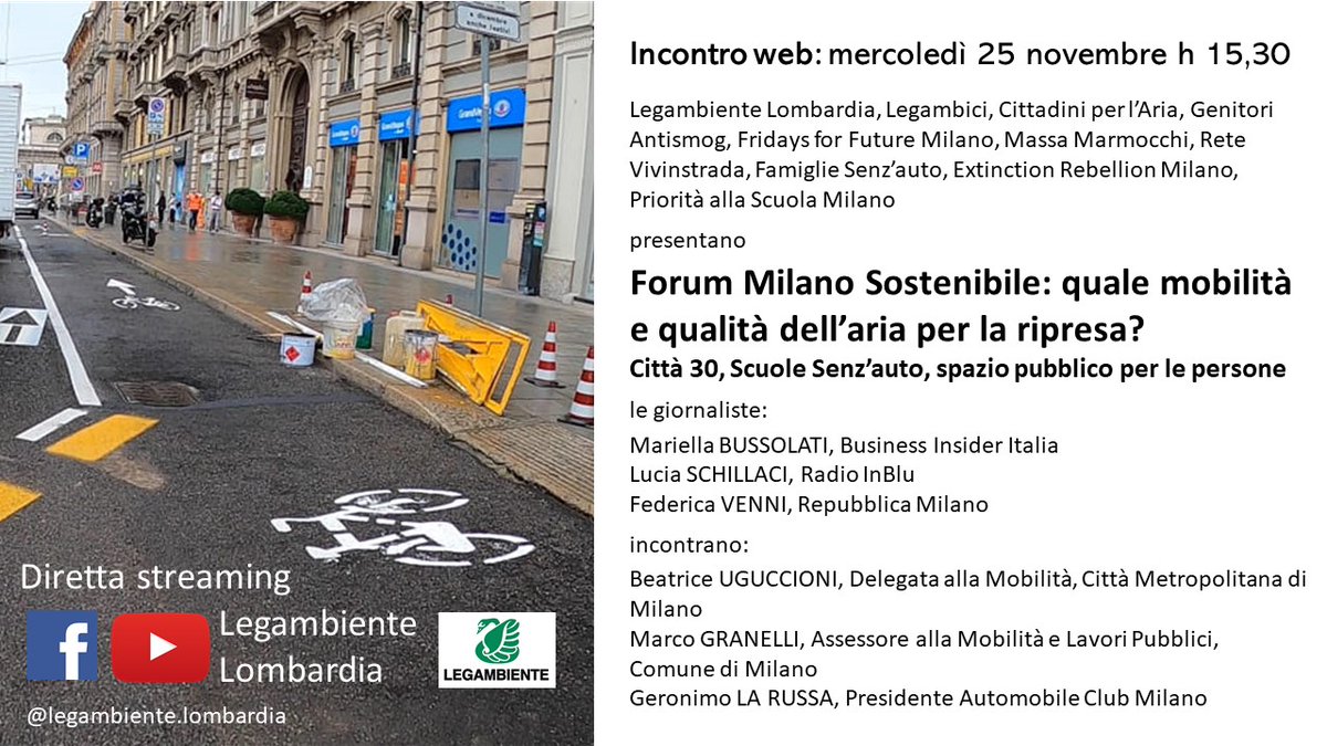 Legambici's tweet photo. 25/11 h 15:30 in #streaming per #Milano: Città 30, Scuole Senz'auto, meno sosta su suolo pubblico. 
Una #città avanzata, senza contraddizioni, più inclusiva.
Tks @LaSkilly @maribux @fedevenni, che incontreranno @geronimolarussa @MarcoGranelliMI @Bea_Uguccioni. https://t.co/YxtfMarqZq
