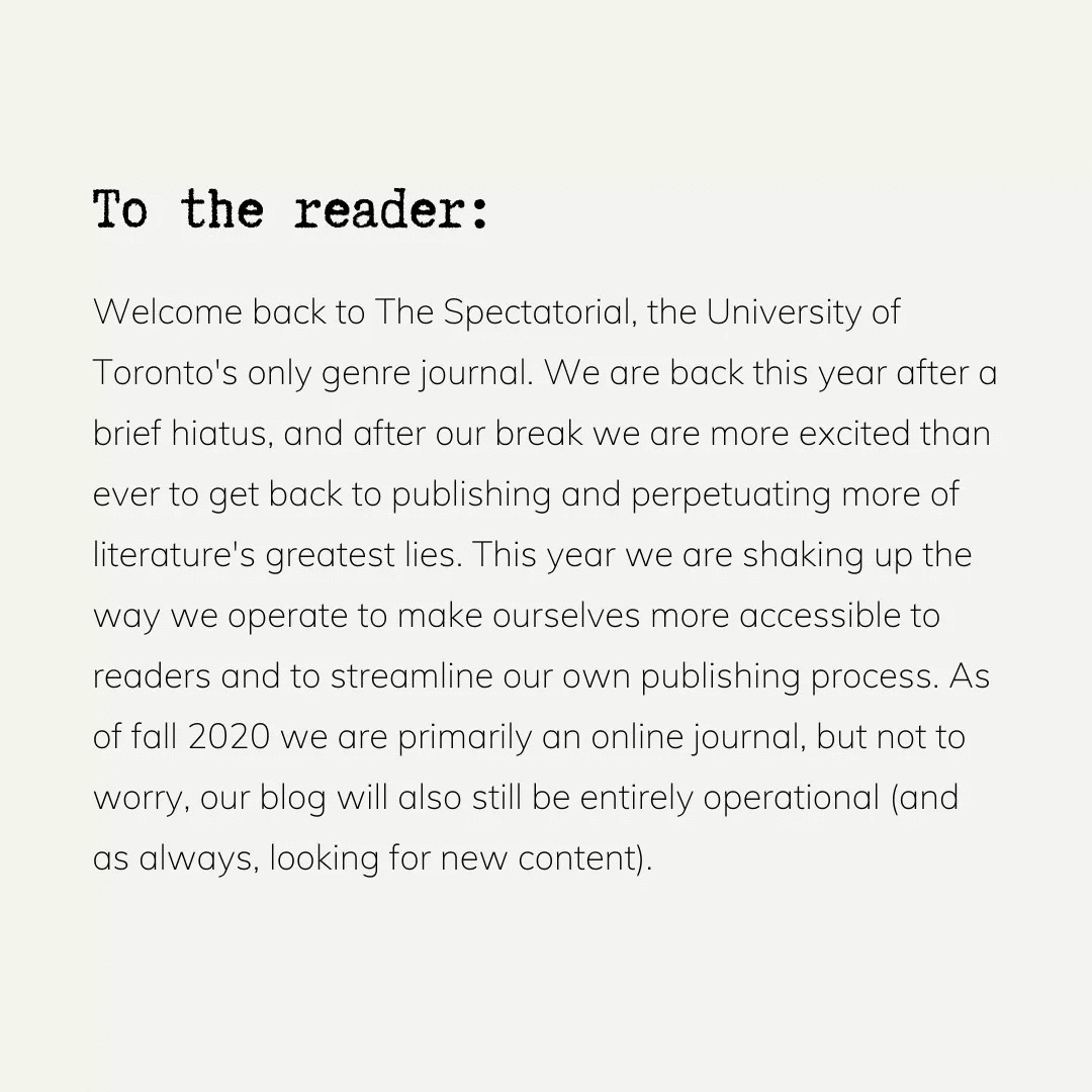 TheSpectatorial's tweet photo. Hi readers! Here's a letter from our editor-in-chief on what is in store for the 2020-21 year📚 https://t.co/DKFzAWnb6b