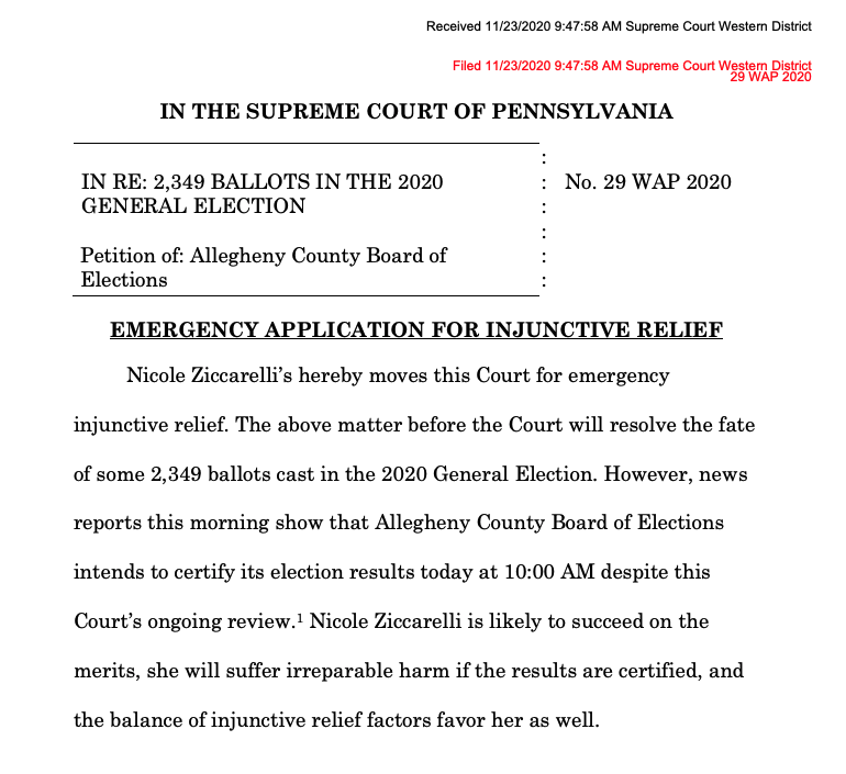 Meanwhile, elsewhere in PA:- There's an emergency motion this a.m. in the PA Supreme Court to stop Allegheny County from certifying election results today while the court considers what to do about absentee ballots with defects e.g. missing date or address