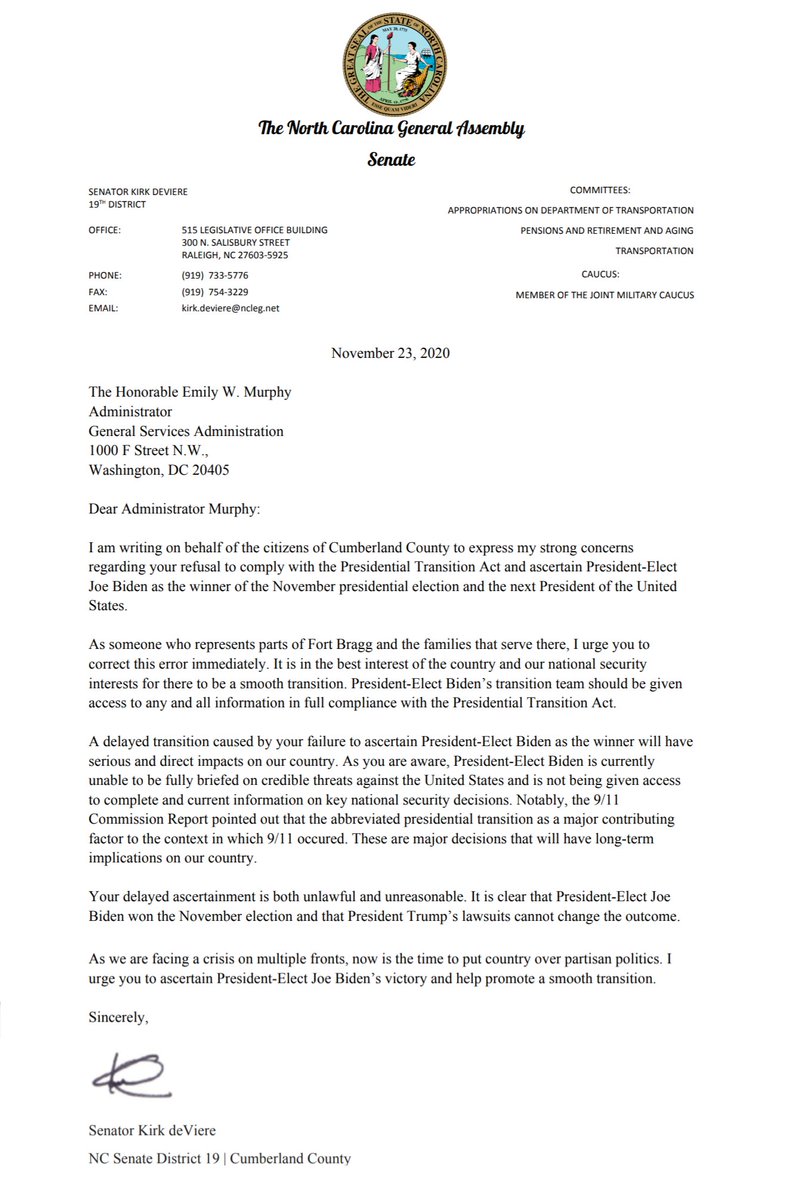 Kirk Deviere On Twitter I Just Sent The Following Letter To General Services Administrator Emily Murphy Urging Full And Immediate Compliance With The Presidential Transition Act It S Clear That President Elect Biden Won