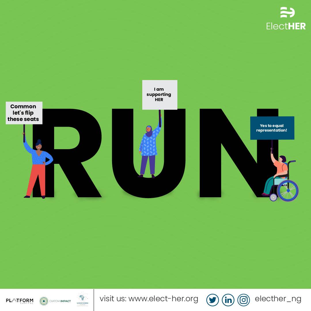 ElectHER_NG's tweet photo. We will not wait for the world to be equal before we start feeling seen, heard and respected.
...Ladies it's RUN time!
#ElectHER
#DecideRunWin
#DecideToRun
#NoWomanNoNaija https://t.co/6hta2EOBis