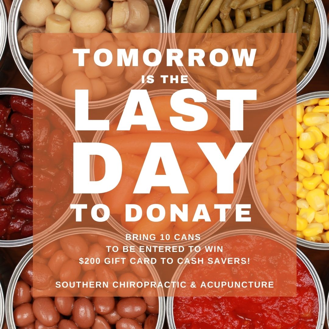 Southern_Chiro's tweet photo. TOMORROW is the LAST DAY to donate and get your name entered! Be sure to drop your [10] cans off to be entered to win a $200 Gift Card to  Cash Saver-Huntingdon Tn. 

#southernchiroacu #alleviate #educate #inspire    #fallfooddrive https://t.co/LquZAnGRbF