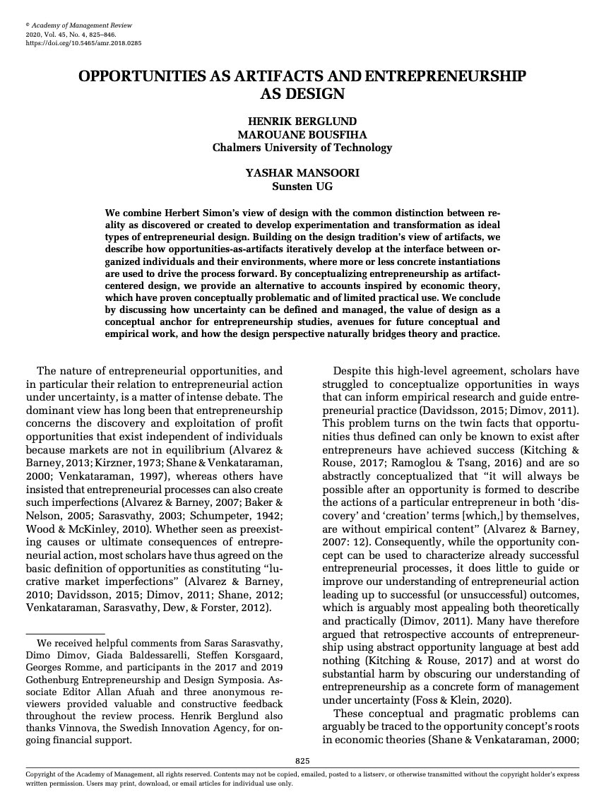 Very happy to see “Opportunities as Artifacts and Entrepreneurship as Design” in print at AMR!Written with  @Marouane_gbg and  @yashmanso, I hope it will prove useful to scholars and (by extension) practitioners.So, let’s try this thread thing (1/18)