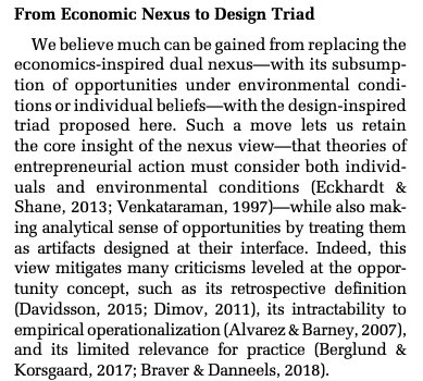 In terms of theoretical implications, we suggest that entrepreneurship (as a field of management) has much to gain much by abandoning the “dual nexus" in favour of the proposed “design triad” of inner system/artifact/outer system. (14/18)