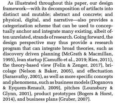 In terms of theoretical implications, we suggest that entrepreneurship (as a field of management) has much to gain much by abandoning the “dual nexus" in favour of the proposed “design triad” of inner system/artifact/outer system. (14/18)