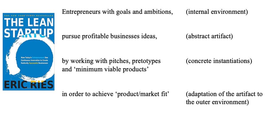 Indeed, most practitioner theories suggest ways of working experimentally with concrete instantiations to gradually design abstract artifacts that are made to fit the external environment. (16/18)