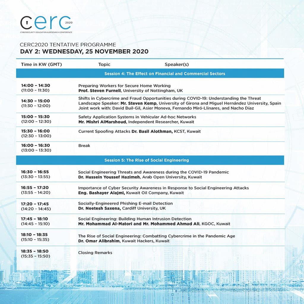يشارك أعضاء هيئة التدريس بقسم علوم المعلومات (د. عمر الإبراهيم ود. ضاري الحويل) في المؤتمر الافتراضي الثاني لتعليم وبحوث الأمن السيبراني في 24-25 نوفمبر 2020. المؤتمر بتنظيم

<a href="/KcstKwt/">KCST</a>

<a href="/ukinkuwait/">UK in Kuwait</a>

<a href="/BritishCouncil/">British Council</a>

<a href="/K_University/">جامعة الكويت Kuwait University</a>

<a href="/CitraKuwait/">الهيئة العامة للاتصالات وتقنية المعلومات</a>

للتسجيل:

cerc2020.exposim.io