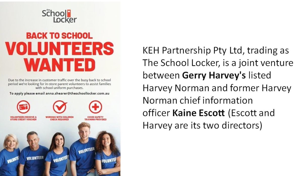 From the man who boasted of huge profits throughout the pandemic, Gerry Harvey's side business, school uniforms &amp; supplies is touting for VOLUNTEERS to work in stores without pay and instead get store credits.

Surely this is illegal

#Auspol via @VacuousNess cc <a href="/sallymcmanus/">Sally McManus</a>