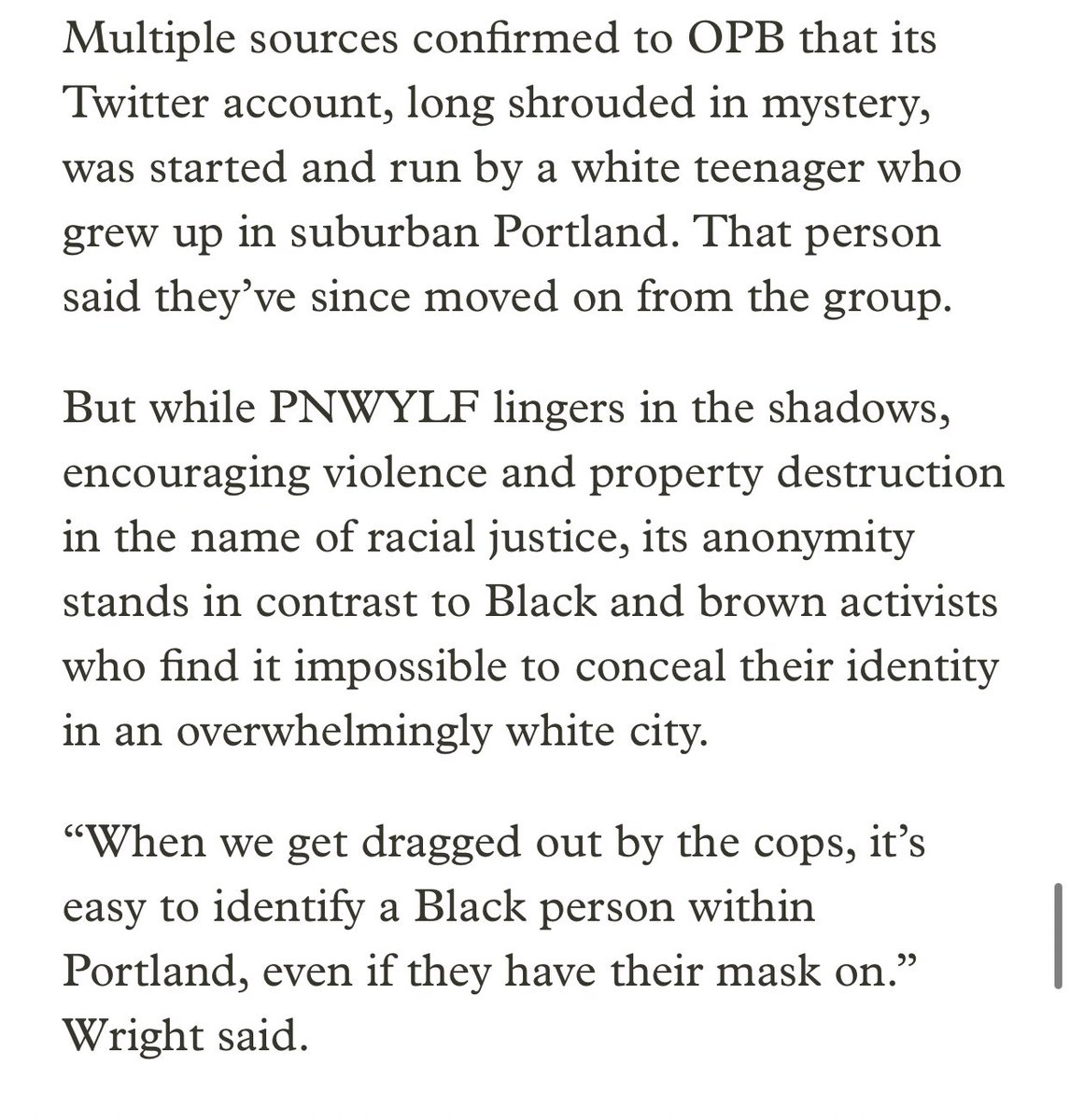 Social media accounts like PNWYLF encourage more aggressive tacticsbut their anonymity stands in contrast to Black and brown activists who find it impossible to conceal their identity in an overwhelmingly white cityPNWYLF was created by a white teenager from the suburbs