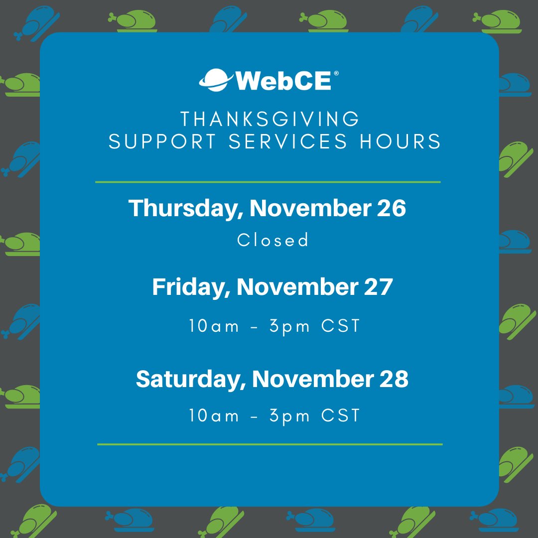 We're looking forward to Thanksgiving! Please be aware of our modified support services hours this week. Our website and online courses continue to be available throughout the holidays.