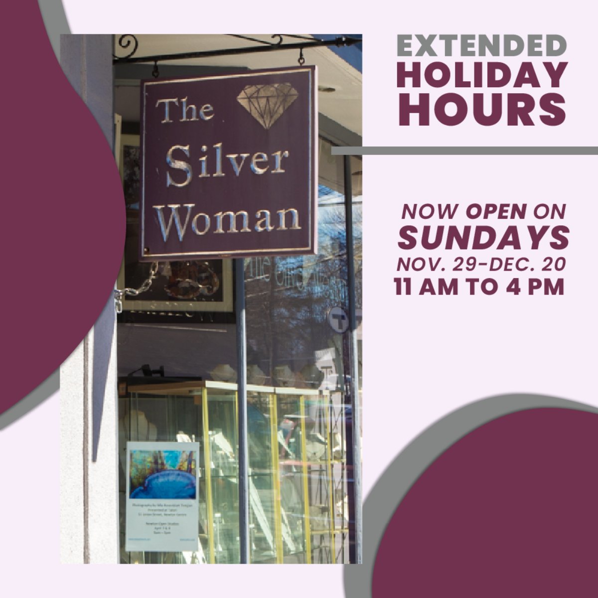 SilverWomanMA's tweet photo. It’s the most wonderful time of the year! That’s why we’re extending our holiday hours. Between Thanksgiving and Christmas, we’ll be open on Sundays from 11 AM to 4 PM. Get a head start on holiday shopping!  #unionstboston #bostonjewelry #supportlocalboston #handmadejewelry https://t.co/MSDBb04MjV