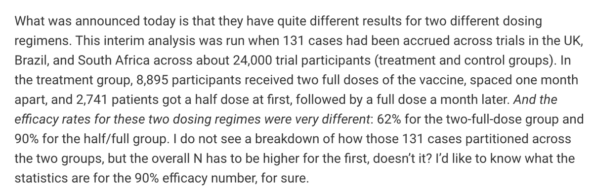 NateSilver538's tweet photo. I'll leave it up to someone with more domain knowledge in biostatistics, but seems like it should be doable to reverse-engineer these numbers on the Oxford/AstraZeneca vaccine and determine the degree of statistical significance   here.

https://t.co/zr0RzFy66L https://t.co/lqVAk2SzwM