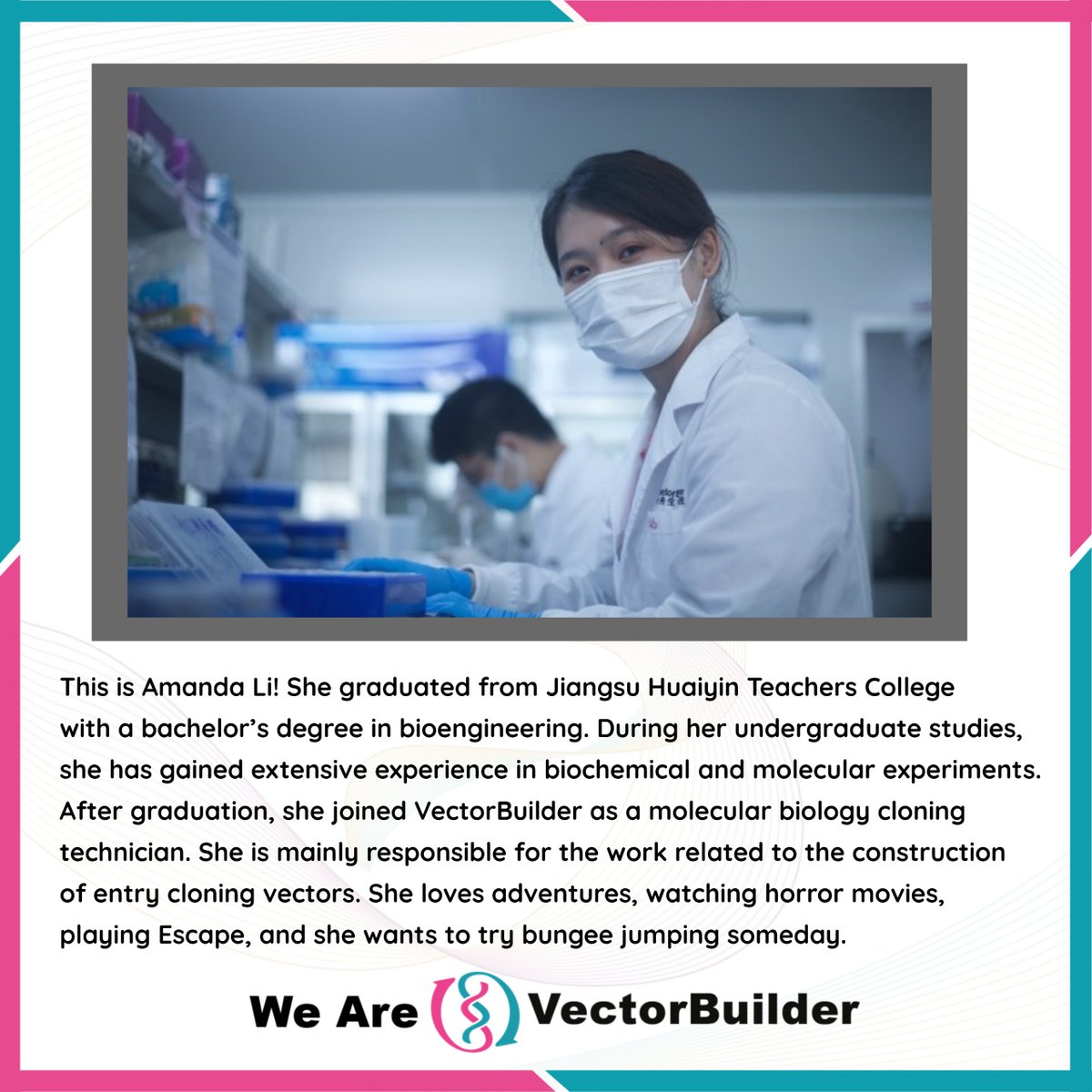 VectorBuilder's tweet photo. It is a pleasure to introduce another talented member of @VectorBuilder for our #WeAreVectorBuilder series! Get to know Amanda Li, one of our cloning technicians from Team China!
#MeetTheTeamMonday #CloneFromHome #CustomCloning https://t.co/7S8qpGiAh4