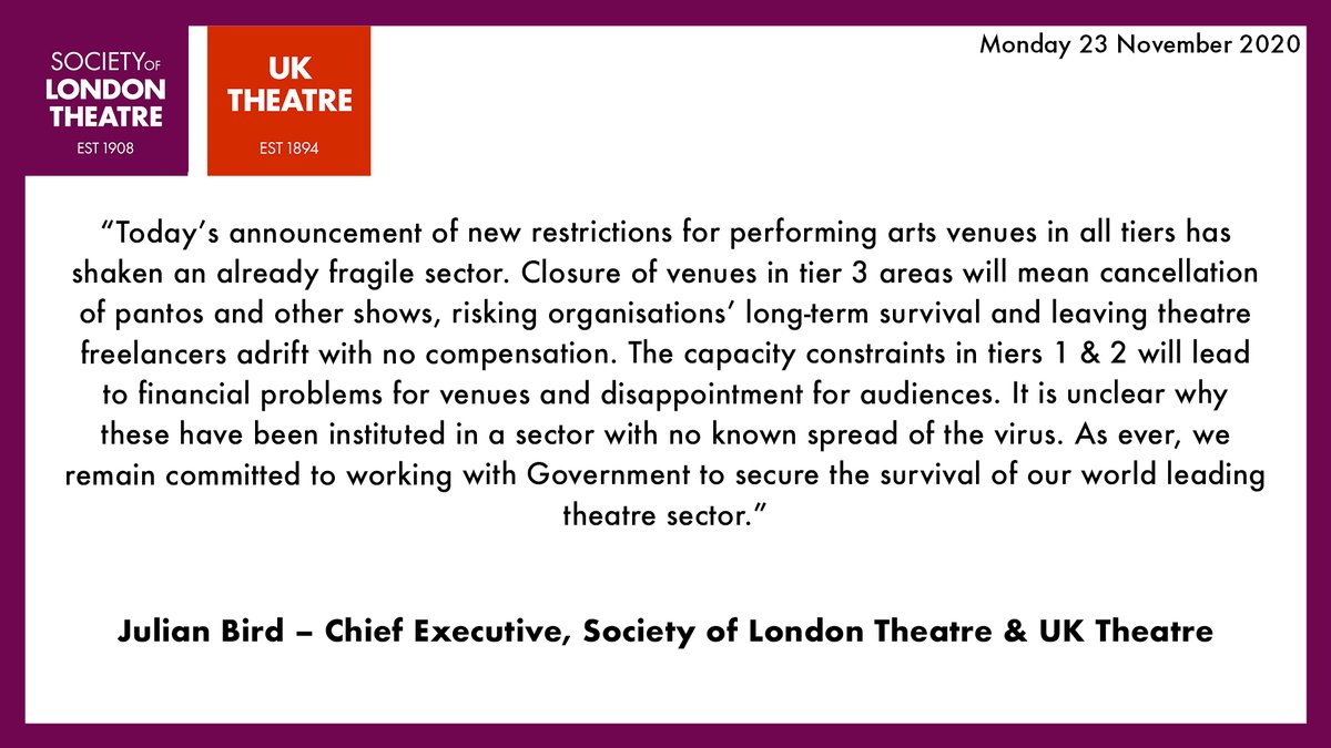 london_theatre's tweet photo. A statement from @julianpbird following the recent Government announcement. https://t.co/Fg6Xiu9Xat