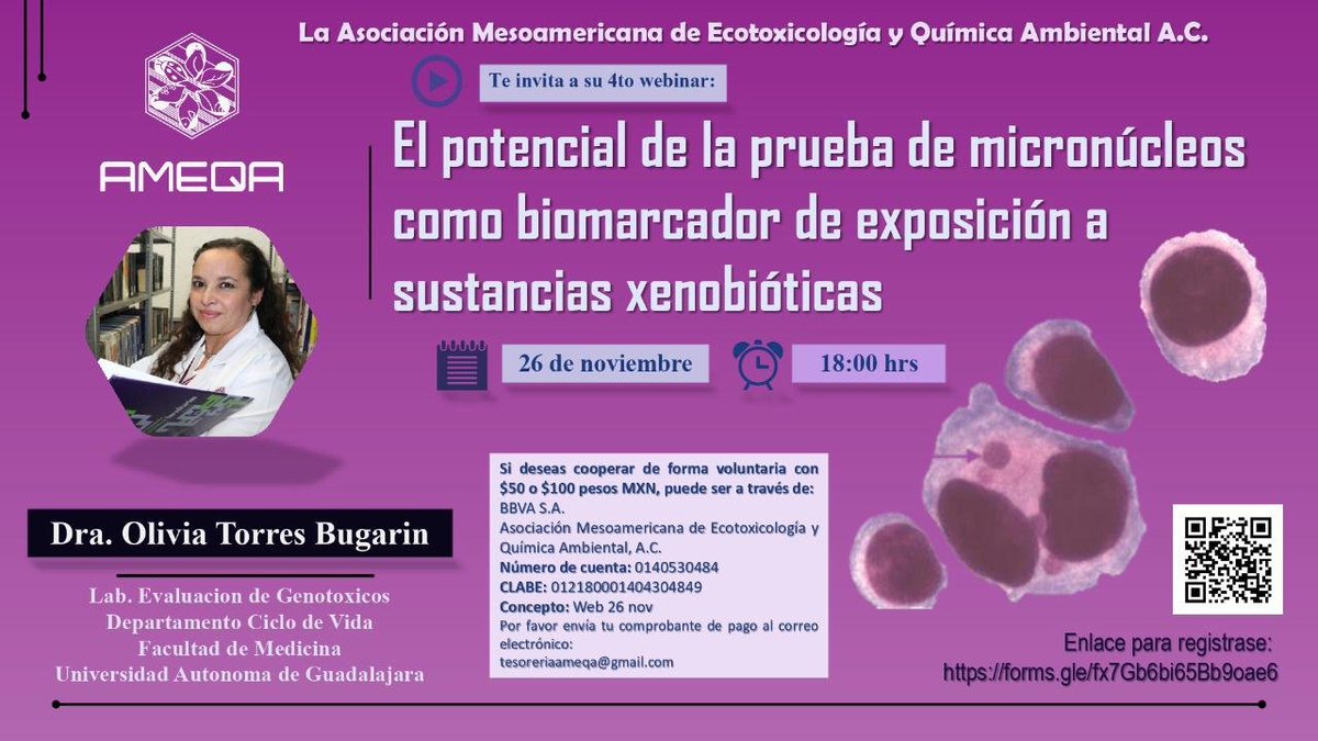 AmeqaMexico's tweet photo. Ya falta poco para nuestro 4to Webinar, con la participación de la Dra. Olivia Torres Bugarin. La cita es el próximo 26 de noviembre a las 18:00 h
Registro: https://t.co/mMGDn52mQX
¡Te esperamos!
#ameqa #ecotoxicologia #ecotoxicology #chesmistry #environmentaltoxicology #webinar https://t.co/s9dtGO8qsU