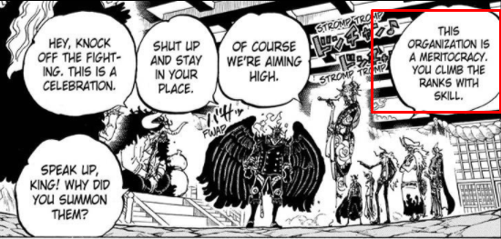 new to the Yonko unlike Kaido, so its safe to assume he isn't any near as established, only havingtwo years or so to build his crew. The most important aspect as to why King should be recognized as the strongest is Kaido's crew structure, a "MERITOCRACY" which basically means-