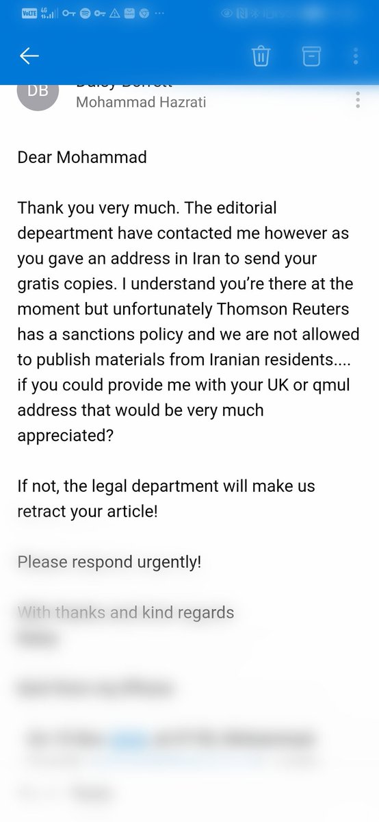 MHez1_'s tweet image. مارچ مقاله ام رو برای مجله International Energy Law Review فرستادم، وچند هفته پیش اکسپت شد. امروز در کمال تعجب و وقاحت این ایمیل رو زدن که چون آدرست ایرانه نمیشه چاپش کرد!!!
#روایت_تحریم