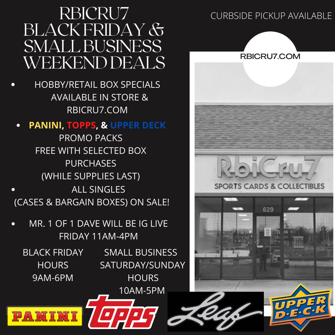 RbiCru7's tweet photo. Black Friday is coming!!!
More details to come this week stay tuned.... #BlackFriday #SmallBusinessSaturday #weekendspecials #promopacks #panini #topps #upperdeck #leaf #baseballcards #footballcards #basketballcards #hockeycards #SupportYourLCS https://t.co/bfWZh36Vpy