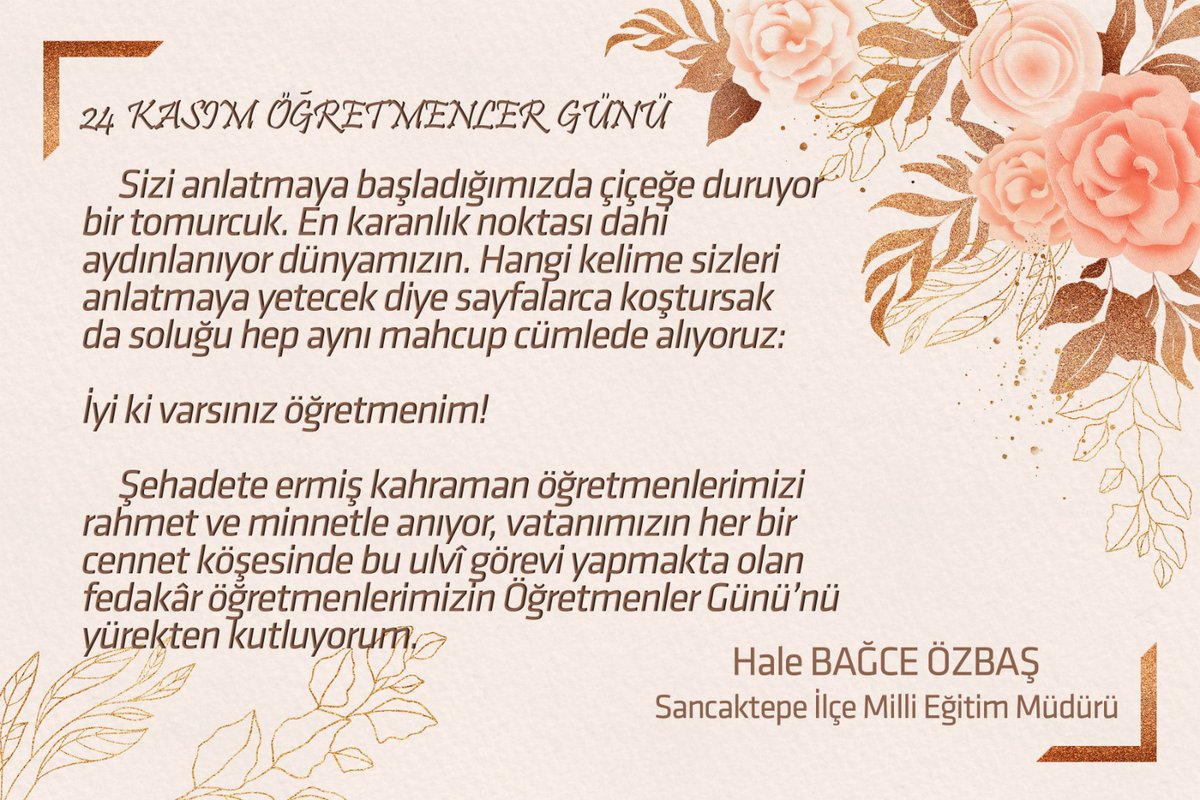 halebagceozbas's tweet photo. Şehadete ermiş kahraman öğretmenlerimizi rahmet ve minnetle anıyor, vatanımızın her bir cennet köşesinde bu ulvî görevi yapmakta olan fedakâr öğretmenlerimizin Öğretmenler Gününü yürekten kutluyorum. https://t.co/rPq2qCHjxs