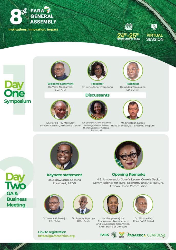 WHungerFighters's tweet photo. Our Patron, Dr. @akin_adesina and one of our 2020 Borlaug-Adesina Fellows, Dr. @LourenaArone, will be speaking at the virtual session of the 8th @FARAinfo General Assembly.

More details on flyer. Don't miss it!

Register here https://t.co/nmSMw46Ae2 

#FARAGA2020 #hungerfighters https://t.co/FjL0oMfz7l