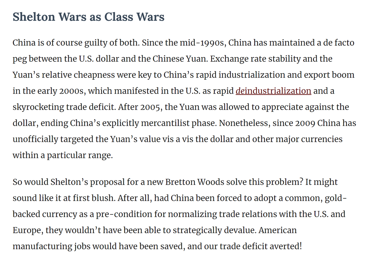The theory is right, until you have bad actors like China that exploit our relatively laissez-faire int'l monetary system through strategic depreciation and capital controls.Now imagine if China had to use a gold-backed global currency. Would American manufacturing be saved?