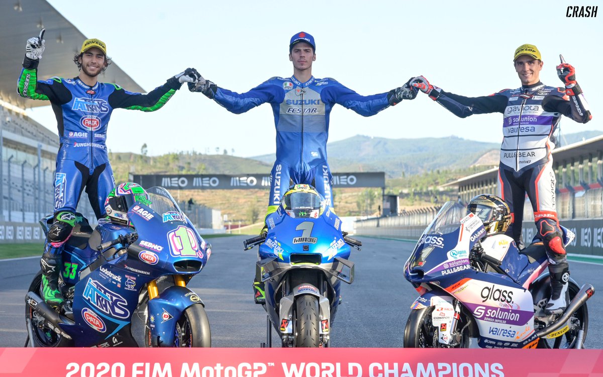The Champions of 2020 🏆
Moto3 🥇 - Albert Arenas
Moto2 🥇 - Enea Bastianini
MotoGP 🥇 - Joan Mir
Well done to these three!!
#MotoGP #Moto2 #Moto3 https://t.co/zuMePniW4F
