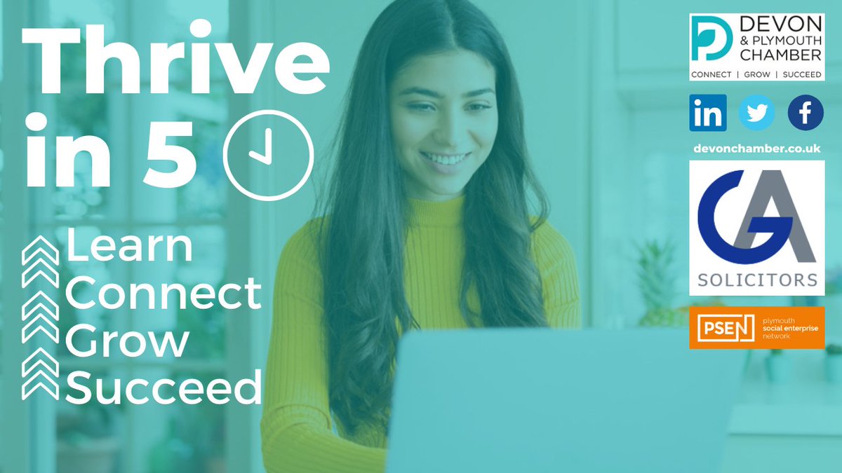 Chamber_Devon's tweet photo. Join us this Thursday from 9.30-10.30am for our next #ThriveInFive virtual workshop when our guest speakers will be James Peterson and Serena Willis from @GAsolicitors and Jessica Holliland from @PlymSocEnt 💬
Find out more and register here 👇
https://t.co/NbSvT6H69G https://t.co/WQ1ct4XaqS
