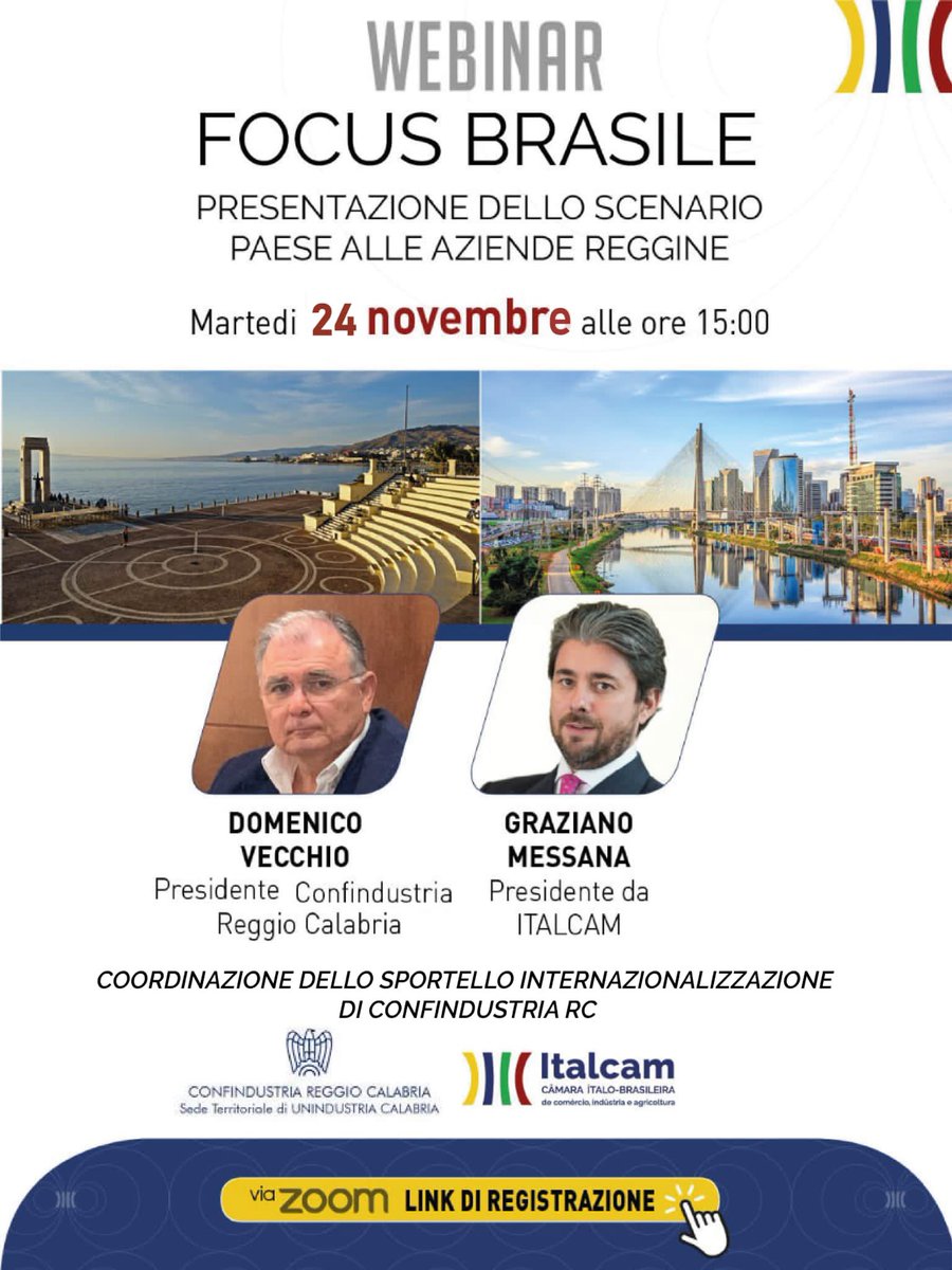 ConfindustriaRC's tweet photo. RECALL 🔴 Domani (ore 15 su piattaforma Zoom) grande opportunità di business, con il webinair di presentazione dello scenario Paese del Brasile nell'ambito del protocollo sottoscritto tra @ConfindustriaRC e @italcam, la Camera di commercio italo-brasiliana di San Paolo.
⬇️🇮🇹🇧🇷🤝 https://t.co/2XkqNjkmuu