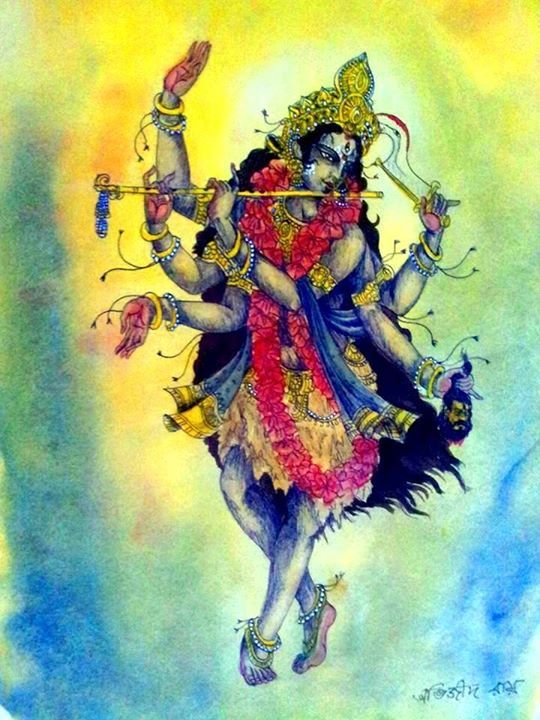 Their meditation images,dhyana according to the same work, describes them as being like dawn, with six arms, holding flute, noose, goad, sugar cane bow and a bowl of curds. These are the five arrows of Lalita and the bow and here Krishna is identified with Kameshvara..3/4
