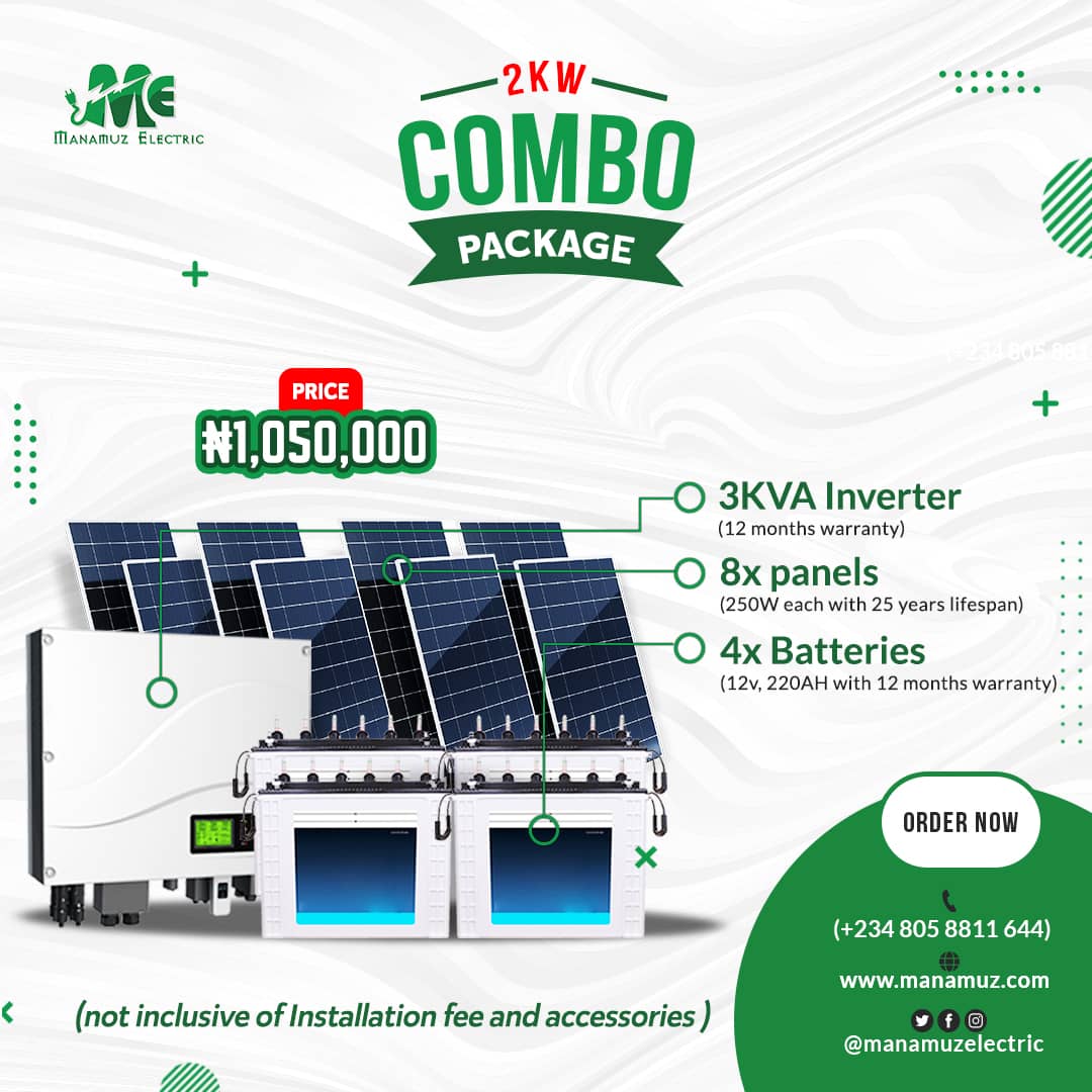 Manamuz_'s tweet photo. Energize your Home or Business with this amazing Solar System design of 3kva Inverter + 4 batteries + 8 Solar panels ( 2kw ). This system powers your Lights 💡💡, TV , Decoder , sound system, medium size fridge , blender , office equipment , charging of gadgets and electronics . https://t.co/LfQ8QPJGHP
