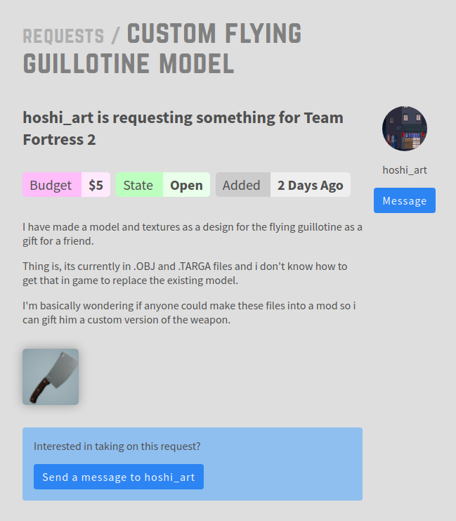 Checkpoint_CC's tweet photo. We have a quick #modrequest for a custom item (that is built) to be imported into #TF2 to replace the Flying Guillotine. We're willing to double the budget for anyone who delivers it! Check it out: https://t.co/b3HKnOk329 https://t.co/8akOT3lab6