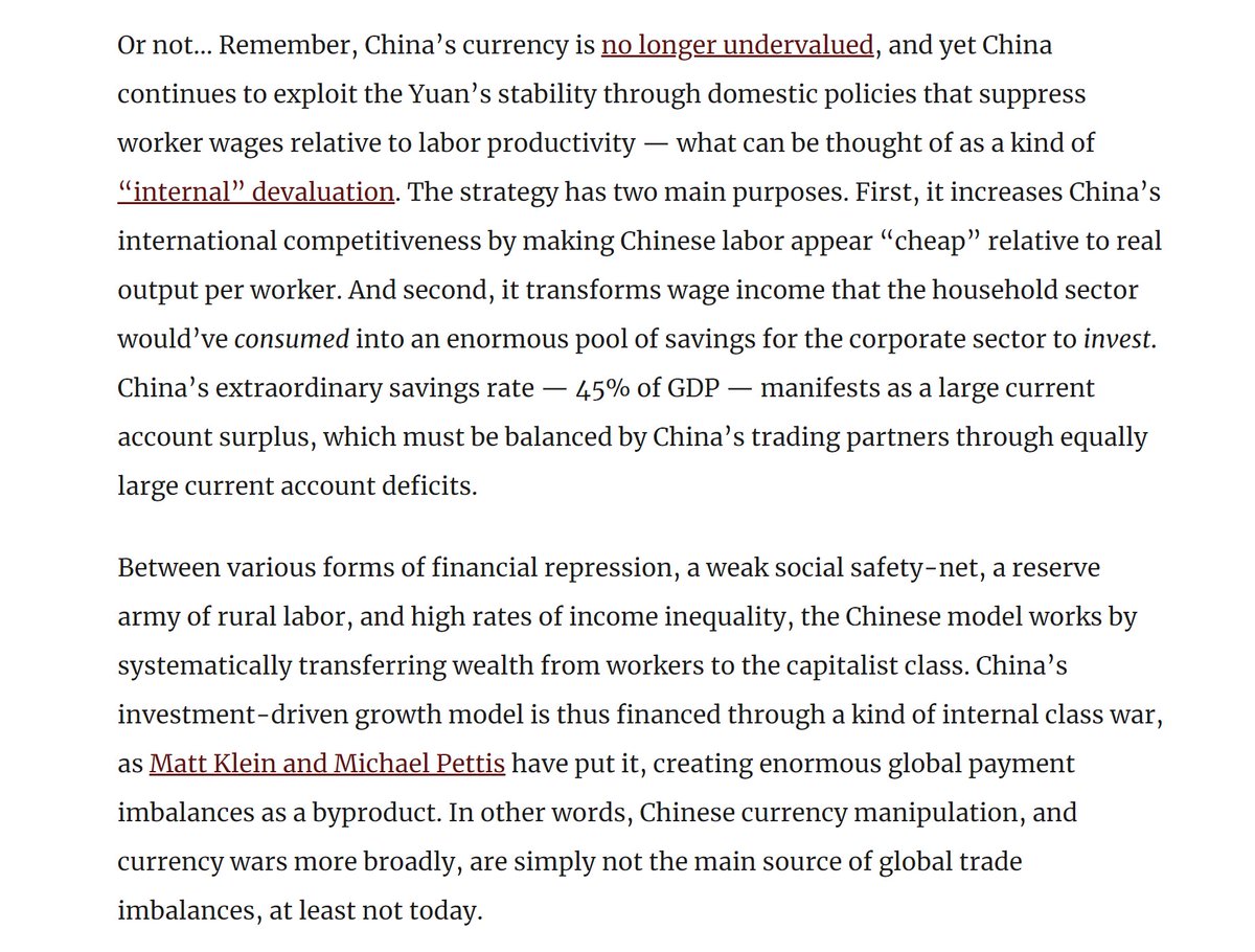 Not really. While China undervalued the Yuan in the early 2000s, since 2005 its been allowed to appreciate.The real source of global imbalance today, as  @M_C_Klein &  @michaelxpettis argue, lies *within* China—internal policies that repress wages & artificially boost savings.