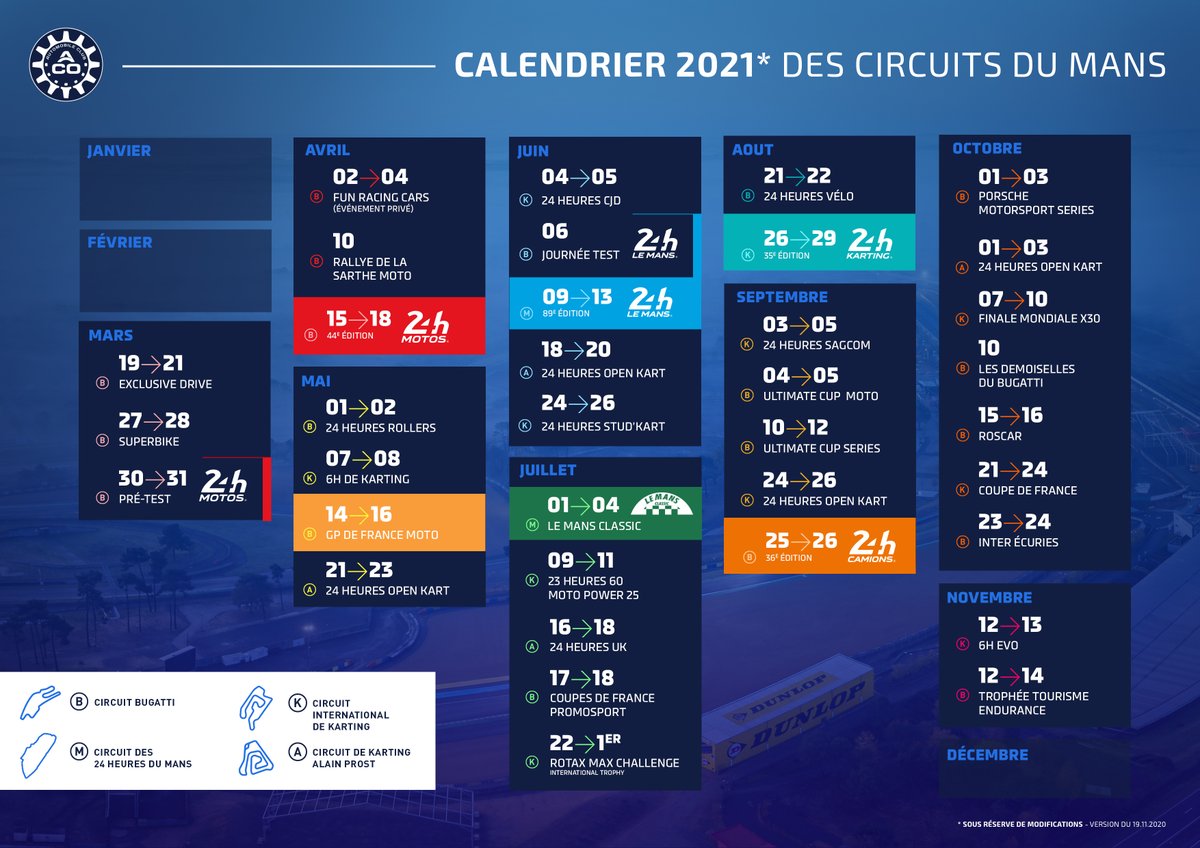 Automobelle's tweet photo. Le calendrier 2021 des Circuits du MansRendez-vous en 2021 ! Alors qu'une année complexe et particulière s'achève en raison de la crise sanitaire, l'Automobile Club de l'Ouest se projette désormais avec #https://automobelle.com/le-calendrier-2021-des-circuits-du-mans-devoile/ https://t.co/IpVBSs9UB4
