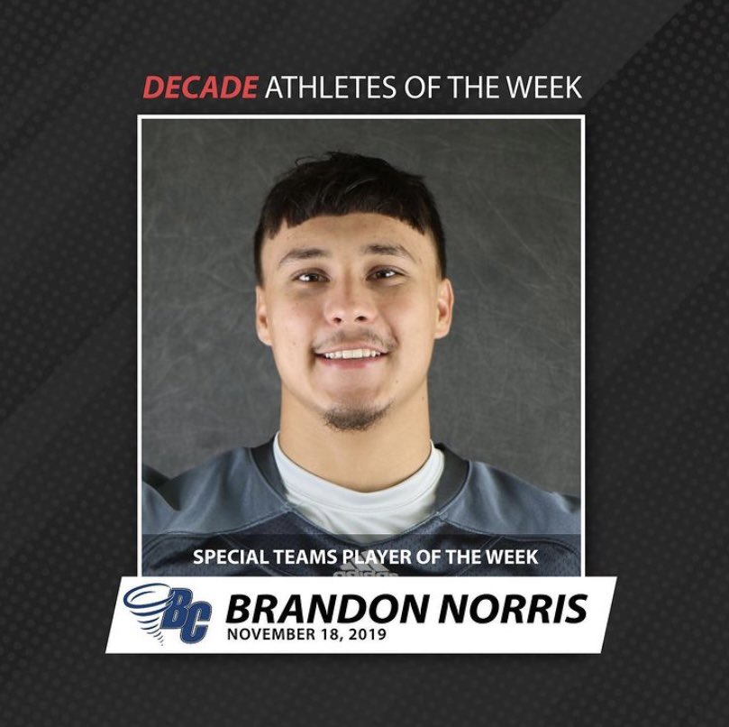 BCTornados's tweet photo. Football: Brandon Norris of @BrevardCollege @BrevardF5 has been named USA South DECADE Athlete of the Week for Special Teams. Norris honored for his performance that included a 57-yard punt return TD last year at Greensboro. To read more go to https://t.co/YZJby4Xr9M #NadoNation https://t.co/uQv3BUS1N9