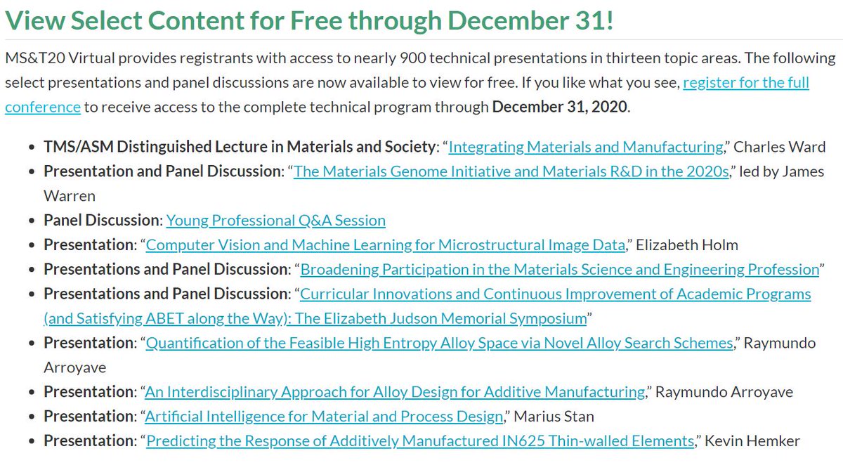 jjroftms's tweet image. @TMSSociety just opened a number of presentations from the MS&amp;amp;T20 Virtual event for free viewing via the conference web site. You can check them out until the end of the year--no registration necessary. This #virtual stuff ain&apos;t bad! #materials #metals matscitech.org/MST20/Technica…