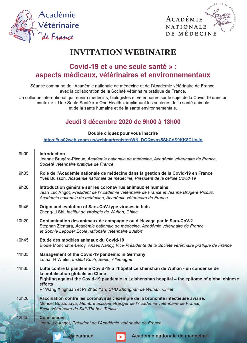 acadmed's tweet image. 📅[EVENEMENT WEBINAIRE] Jeudi 3 décembre 9h/13h

#COVID19 et #OneHealth 
#aspects #médicaux #vétérinaires et #environnementaux

Un colloque international qui réunira médecins, biologistes et vétérinaires 

INSCRIPTION➡️us02web.zoom.us/webinar/regist…