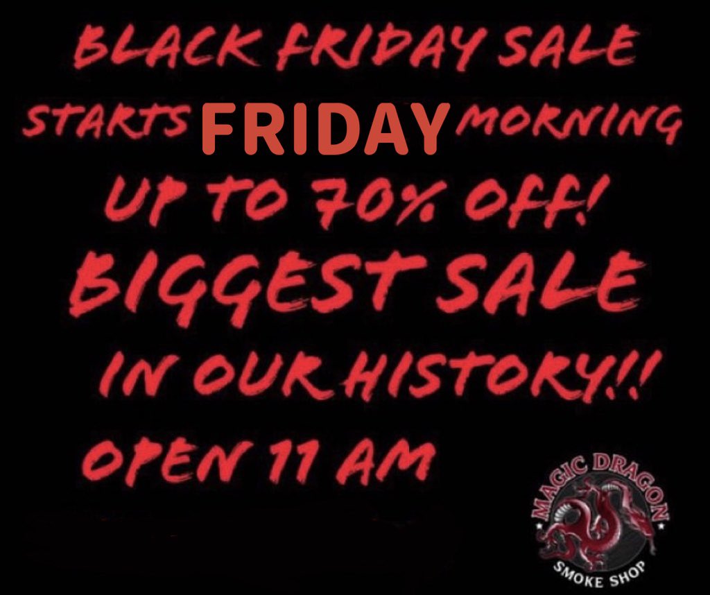 magicdragonsf's tweet photo. Don’t miss out! Happy Holidays! #BlackFriday #BlackFridayDeals #blackfridaysales  #magicdragonsf #magicdragonsmokeshop #headshop #smokeshop #vapeshop #hookahshop #415 #420 #sf #sanfrancisco #710 #handpipe #oilrig #vaporbubbler #toyart #headyglassforsale #glassforsale https://t.co/xOOLIg9HcK